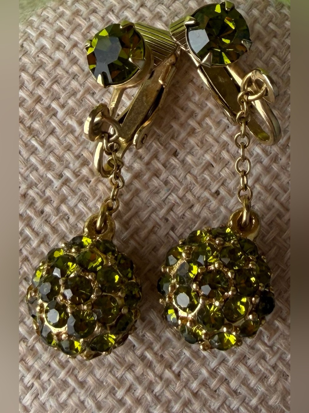 Vintage Olive Peridot Green Crystal Disco Ball Drop Clip On Earrings 1.5”